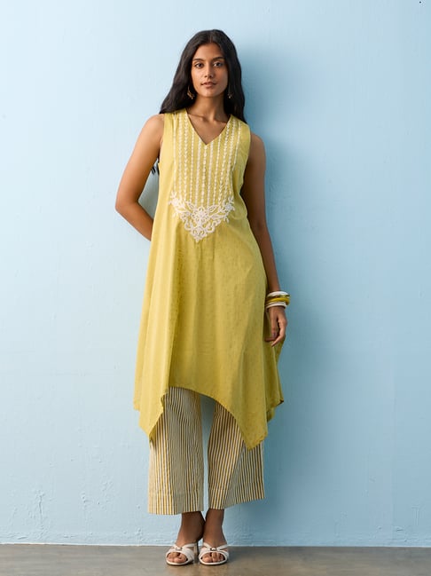Utsa by Westside Lime Floral Embroidered Cotton A-Line Kurta-picture-25