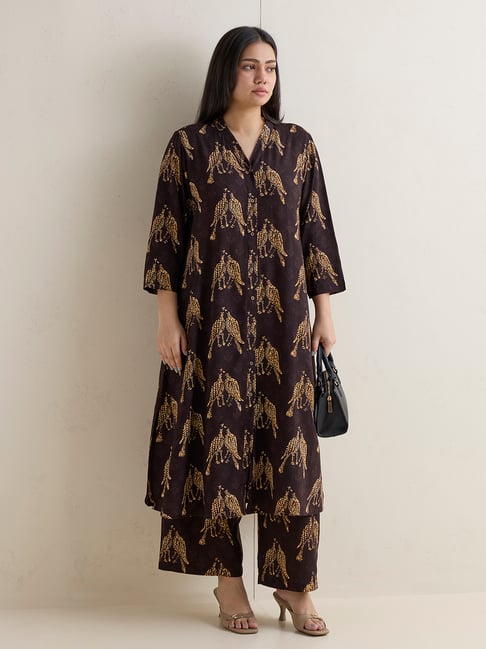 Diza by Westside Dark Brown Bird Printed A-Line Kurta-picture-34
