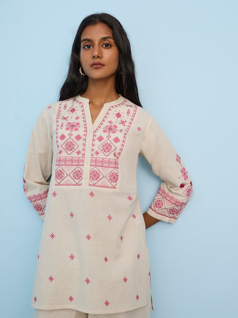 Utsa by Westside Light Beige Aztec Embroidered Cotton-Blend Tunic-picture-12