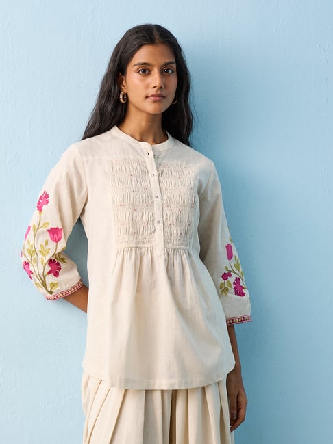 Utsa by Westside Light Beige Floral Pattern Cotton Tunic-picture-17