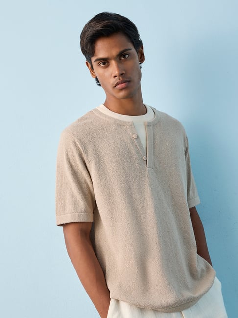 ETA by Westside Beige Textured Relaxed-Fit Cotton-Blend T-Shirt-picture-35