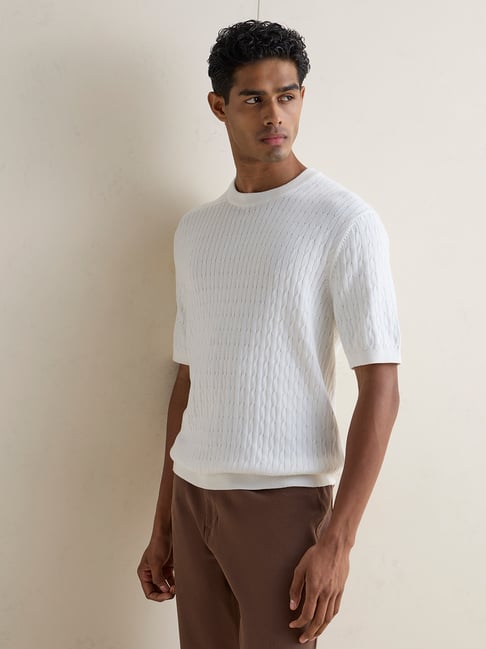 Ascot by Westside Off-White Textured Relaxed-Fit Cotton T-Shirt-picture-23