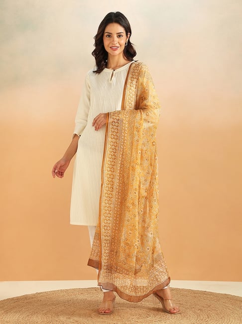 Fabindia Yellow Cotton Printed Dupatta-picture-20