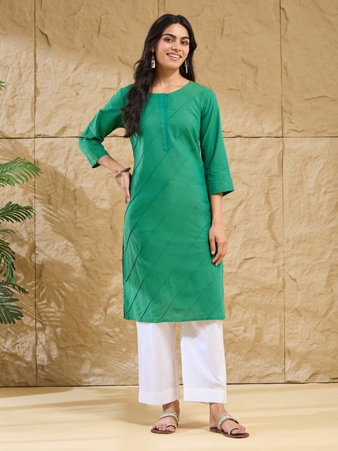 Fabindia Dark Green Cotton Woven Design Kurta-picture-41