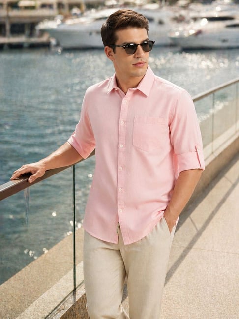 Thomas Scott Mens Pink Slim Solid Linen Shirt-picture-34