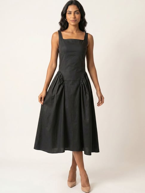 Moomaya Womens Black Regular Fit Solid Midi Dress-image-29
