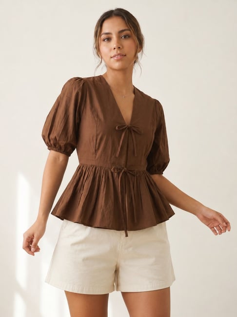 Moomaya Womens Brown Regular Fit Solid Cotton Peplum Top