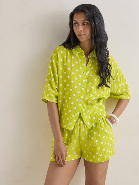 Wunderlove by Westside Lime Polka Dot Printed Cotton Beach Shirt