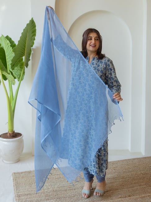 The Indian Ethnic Co Light Indigo Solid Kota Doria Dupatta-image-39