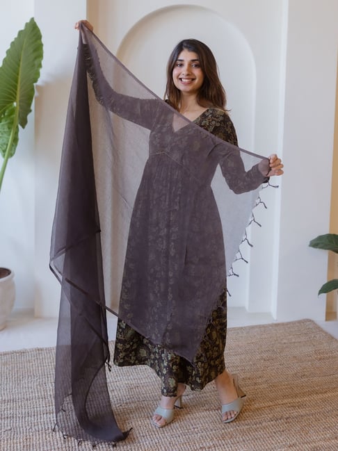 The Indian Ethnic Co Dark Brown Solid Kota Doria Dupatta