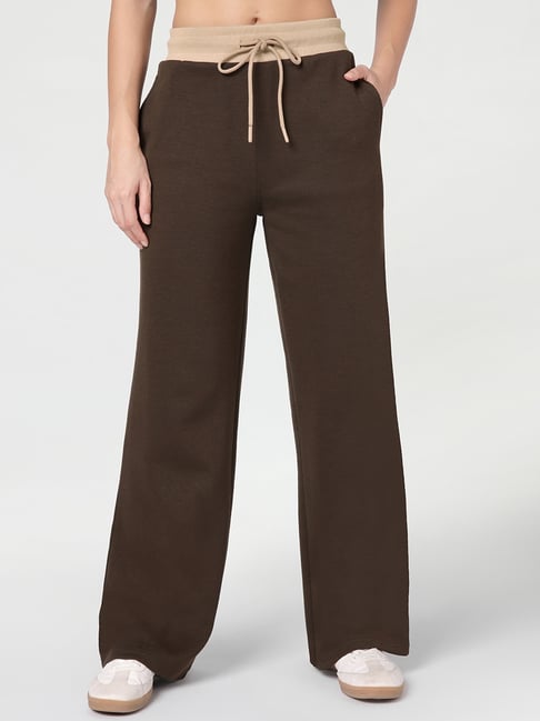 Bewakoof Womens Chocolate Brown Wide Leg Fit Solid Track Pants