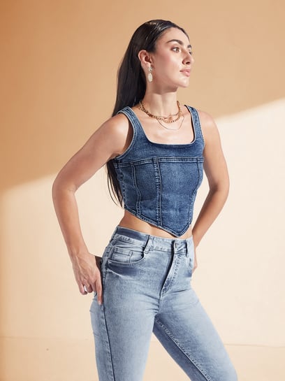 Miss Chase Blue Denim Solid Top