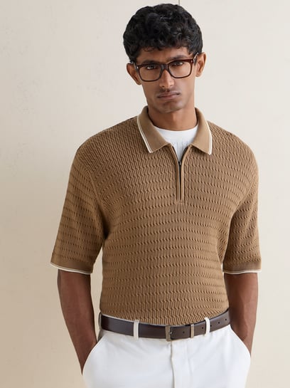 Ascot by Westside Taupe Relaxed-Fit Cotton Quarter-Zip Polo T-Shirt
