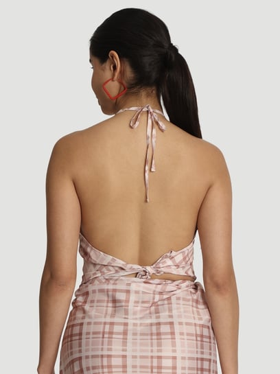 Bene Kleed Womens Light Pink Checked Halter Neck Slim Fit Top