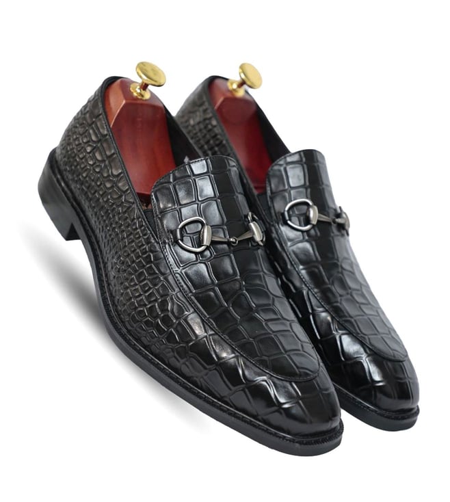 Vantier Shoes Men's Horse Bit Croc Black Loafers