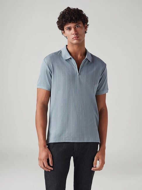 Levi's Men's Light Blue Slim Fit Textured Jacquard Polo T-Shirt