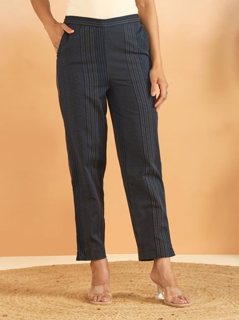 Fabindia Navy Cotton Striped Relaxed Fit Mid Rise Trousers-picture-35