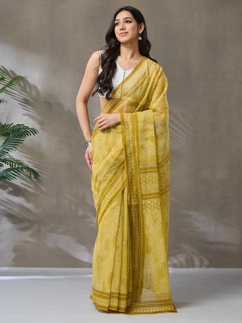 Fabindia Light Green Printed Saree With Unstitched Blouse-picture-14