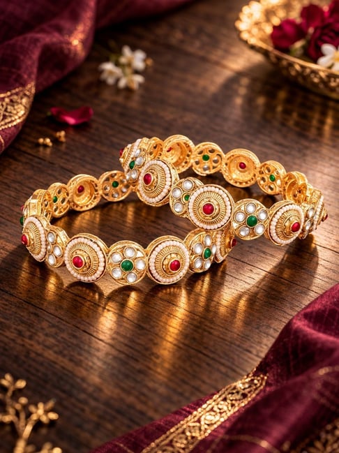 OOMPH Gold-Tone Plated Pink & Green Heritage Rajwadi Bangles for Women Combo of 2-picture-14