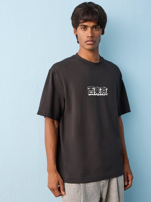 nuon men Nuon by Westside Charcoal Text Printed Relaxed-Fit Cotton T-Shirt-picture-33