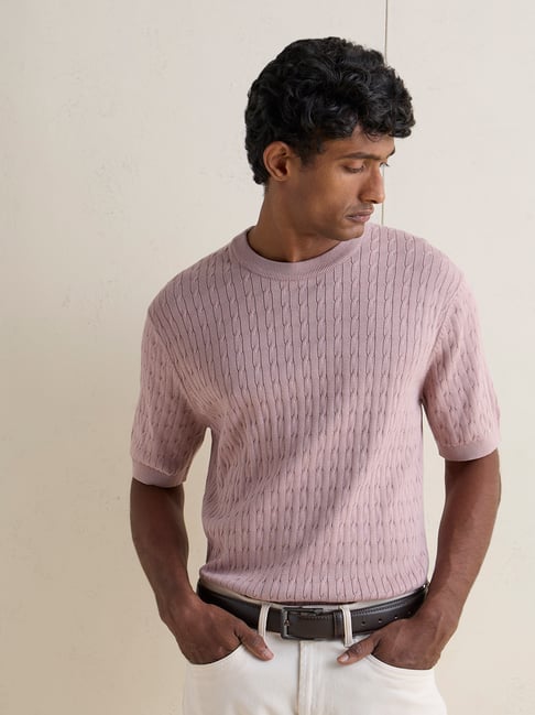 Ascot by Westside Dusty Pink Cable-Knit Textured Relaxed-Fit T-Shirt-picture-38