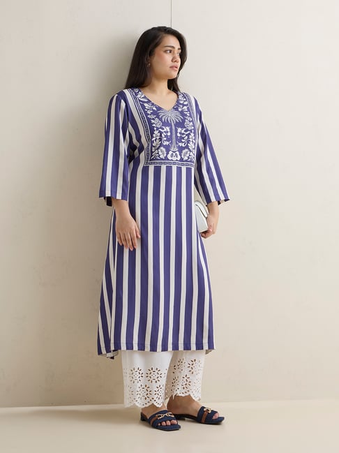 Diza by Westside Blue Striped A-Line Kurta-picture-35
