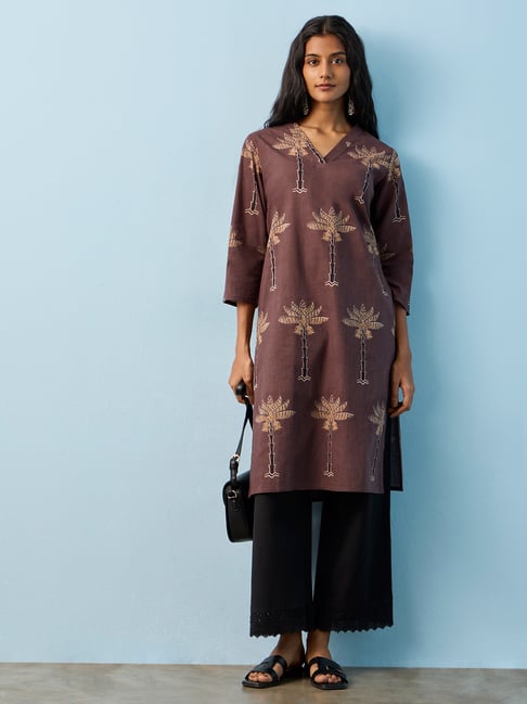 Utsa by Westside Brown Botanical Printed Cotton Straight Kurta-picture-38