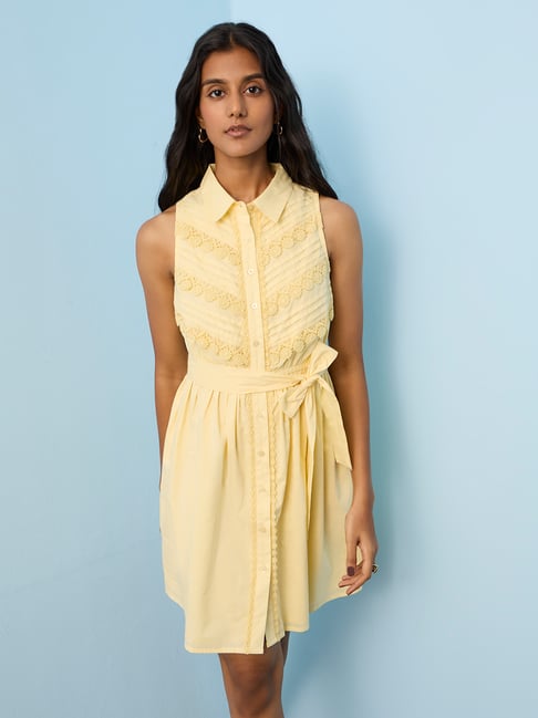 LOV by Westside Yellow Floral Embroidered Cotton Shirt Dress With Belt-picture-23