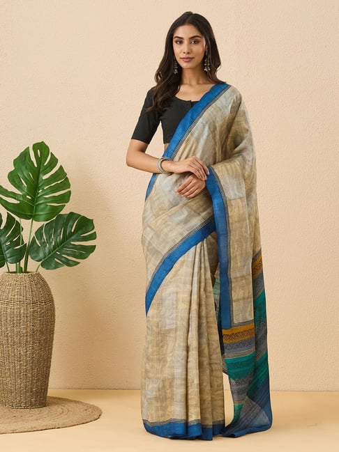 Fabindia Blue Silk Printed Saree With Unstitched Blouse-picture-25