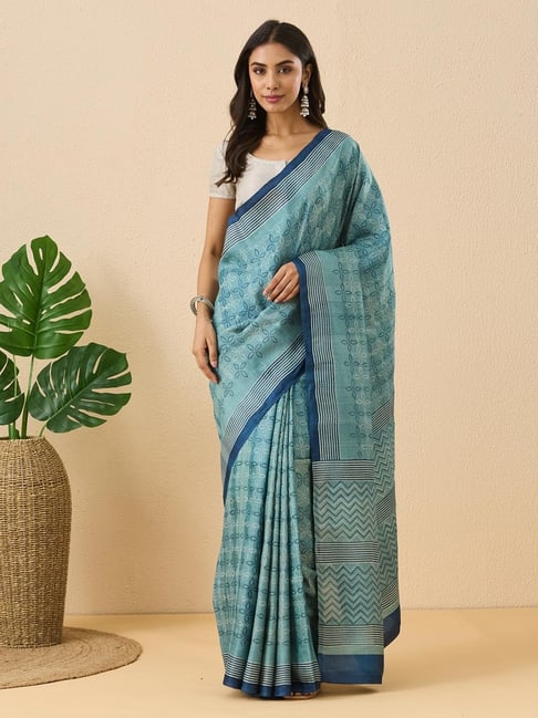 Fabindia Blue Silk Printed Saree With Unstitched Blouse-picture-30