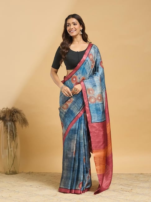 Fabindia Blue Silk Printed Saree With Unstitched Blouse-picture-24