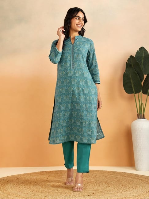 Fabindia Teal Green Cotton Printed Kurta With Pants-image-41