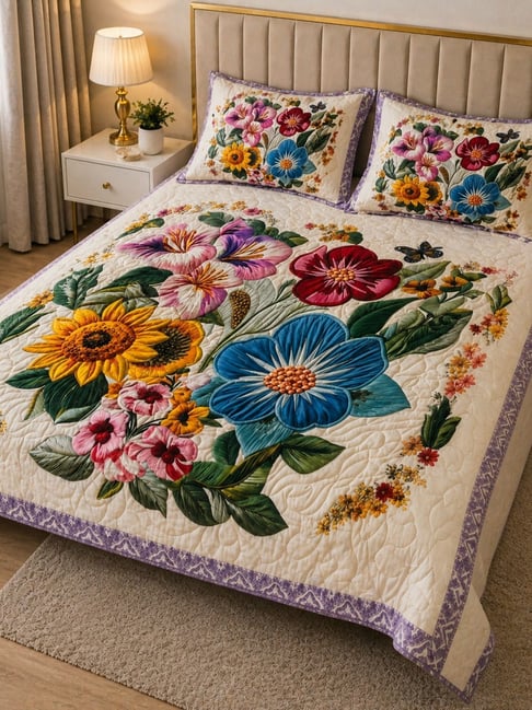 HOSTA HOMES Multicolor Floral Printed Queen Bed Sheet with 2 Pillow Covers-image-5