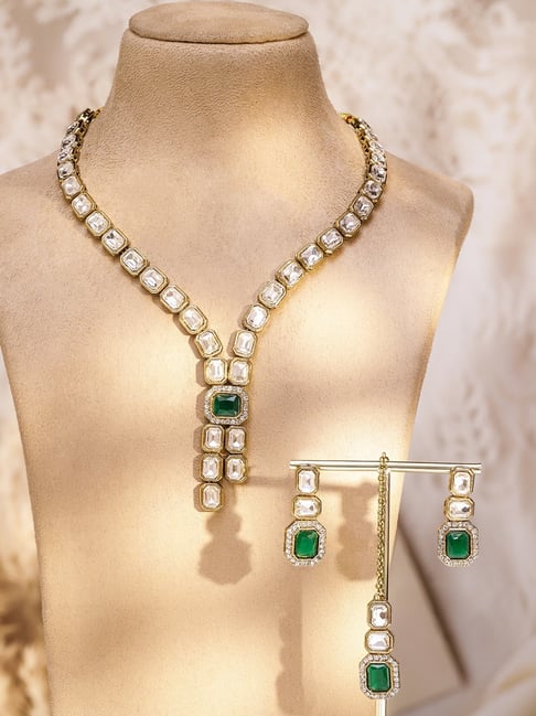 Rubans 22K Gold-Plated White Kundan Necklace Set with Emerald Green Center Stone-picture-27