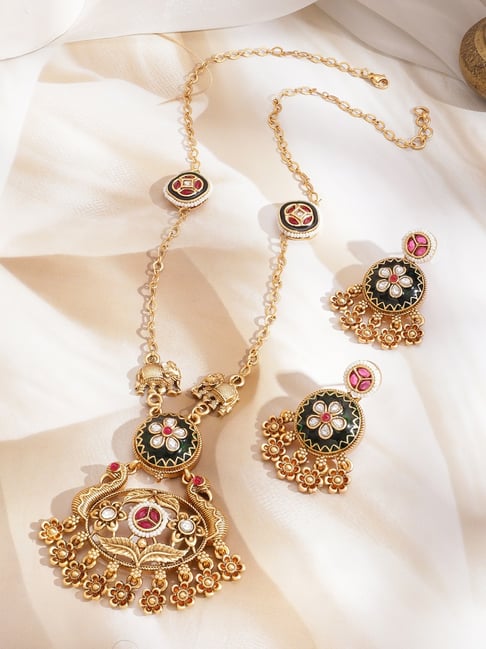 Rubans 22K Gold-Plated Long Necklace Set with Red & White Stones & Enamel Work-picture-29