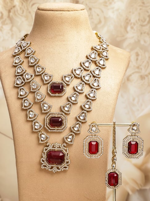 Rubans 22K Gold-Plated Ruby Red Stone Multilayer White Kundan & CZ Necklace Set-picture-36