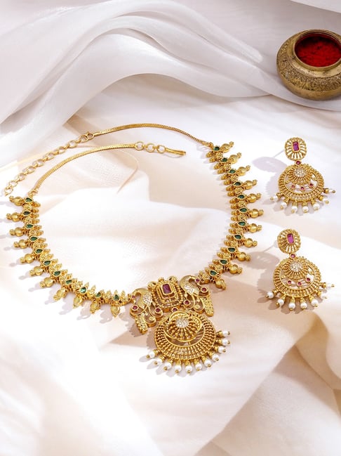 Rubans 22K Gold-Plated Ruby Red & Emerald Green Stones, White Pearls Necklace Set-picture-43