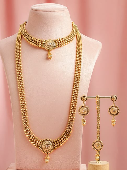 Rubans Set of 2 18K Gold-Plated Golden Beaded & White Kundan Stone Necklace Set-picture-31