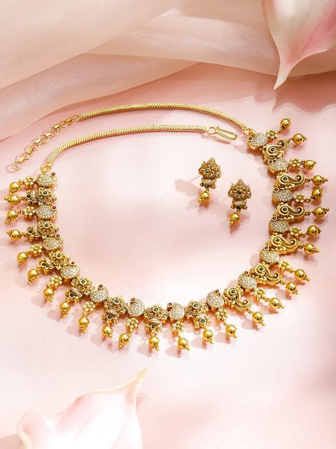 Rubans 24K Antique Gold-Plated White Cubic Zirconia & Green Stones Necklace Set-picture-39