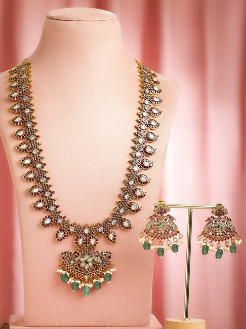 Rubans 22K Gold-Plated Ruby Pink, Emerald Green & White Stones Long Necklace Set-picture-42