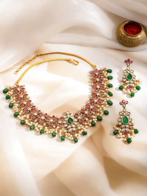 Rubans 22K Gold-Plated Ruby Pink, Emerald Green & White Stones Floral Necklace Set-picture-40