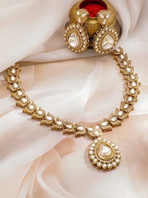 Rubans 22K Gold-Plated White Kundan, Pearl & Cubic Zirconia Stone Necklace Set-picture-32