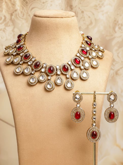 Rubans 22K Gold-Plated Ruby Red Stone & White Kundan, CZ Statement Necklace Set-picture-34