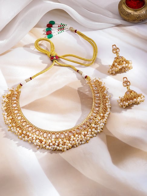Rubans 22K Gold-Plated Copper Kundan Jewellery Set with White Pearl Cluster-picture-13