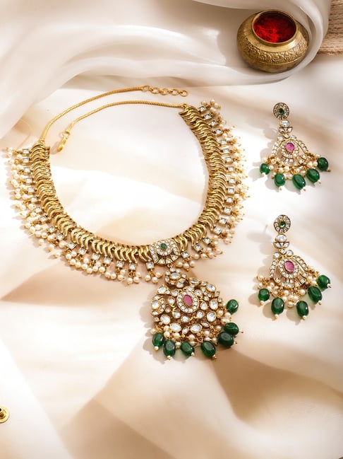Rubans 22K Gold-Plated Ruby Pink, Emerald Green & White CZ Stones Necklace Set-picture-41