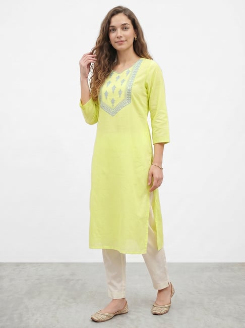 R&B Lime Regular Fit Embroidered Kurta-picture-33