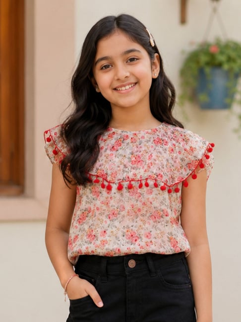 Kiddopanti Girls White Printed Top-image-0