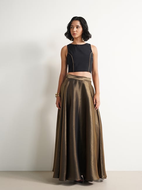 Pink Fort Womens Gold Flared Fit Solid Maxi Skirt-picture-13