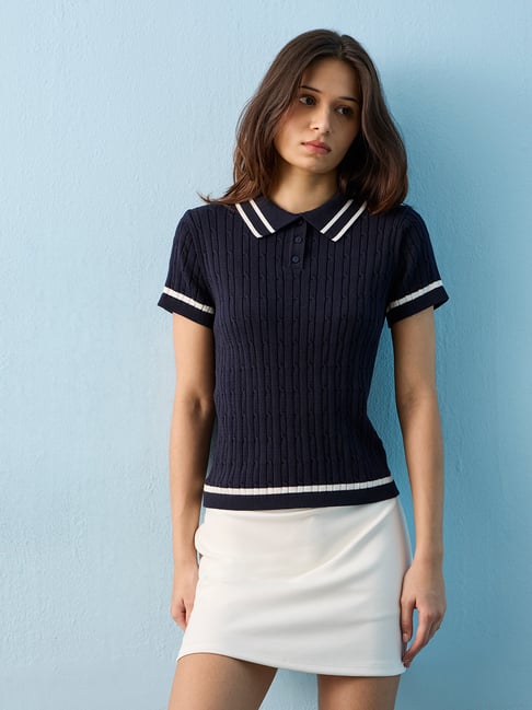 nuoflexx women Nuoflexx by Westside Navy Cable-Knit Cotton-Blend T-Shirt-picture-38