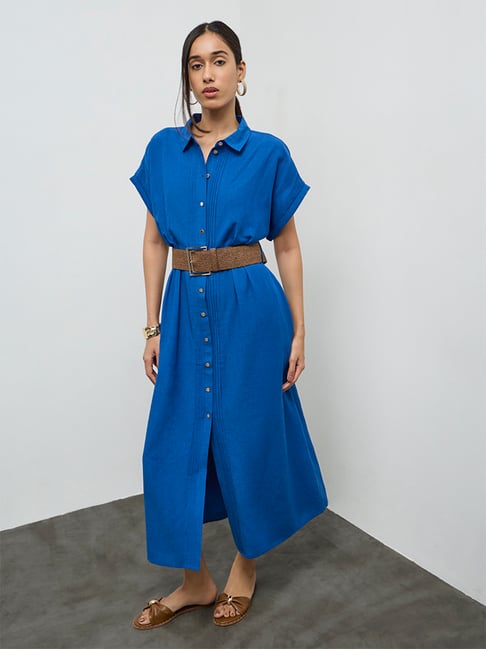 LOV by Westside Blue Pintuck-Detail Shirt Dress with Belt-picture-10
